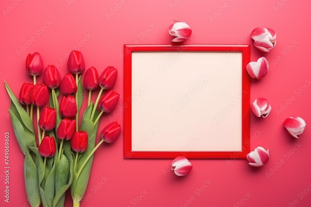 Red and pink tulips frame a blank space on a pink background. Vibrant Red Tulips Bordering Blank Frame
