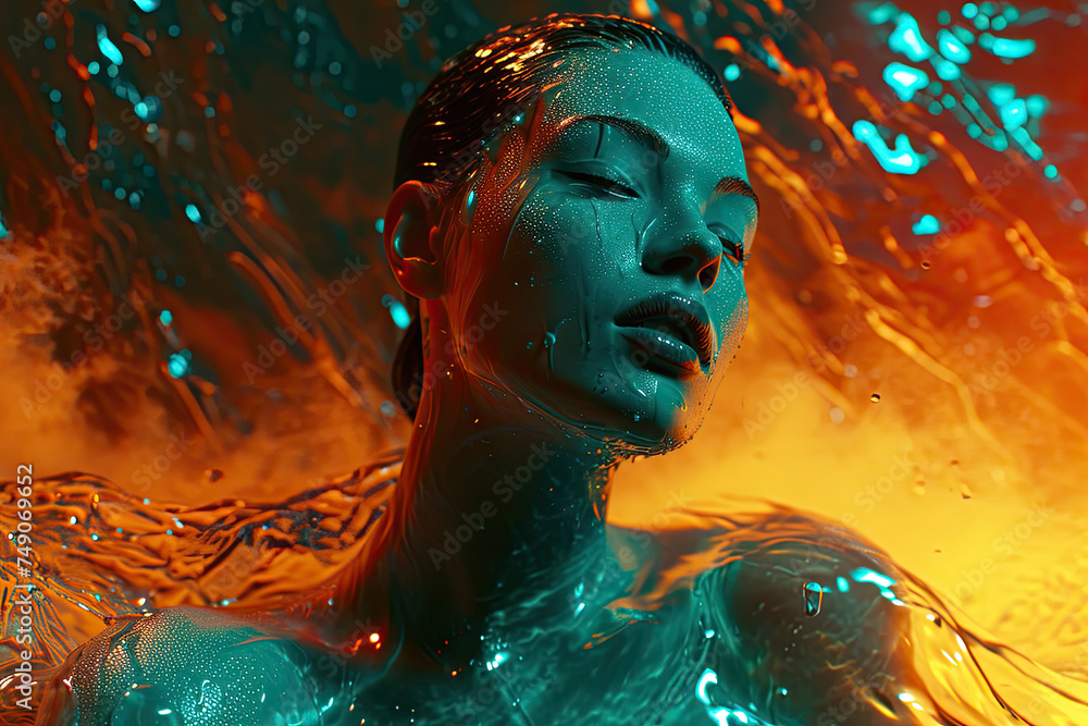 Portrait of a woman in water, stylishly dressed posing in a vibrant Beauty fashion and summer vibes