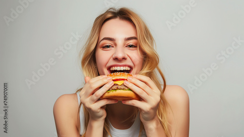 Mulher loira feliz mordendo um hamb  rguer isolada no fundo cinza  