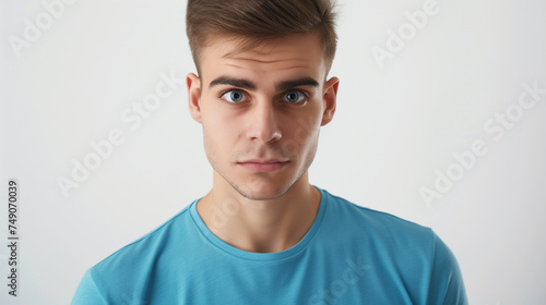 Homem de  camiseta azul olhando para a camera isolado no fundo branco 
