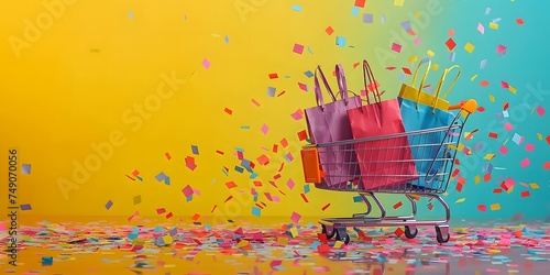 limited time offer clearance sale and discount online shopping, shopping bag and confetti banner
