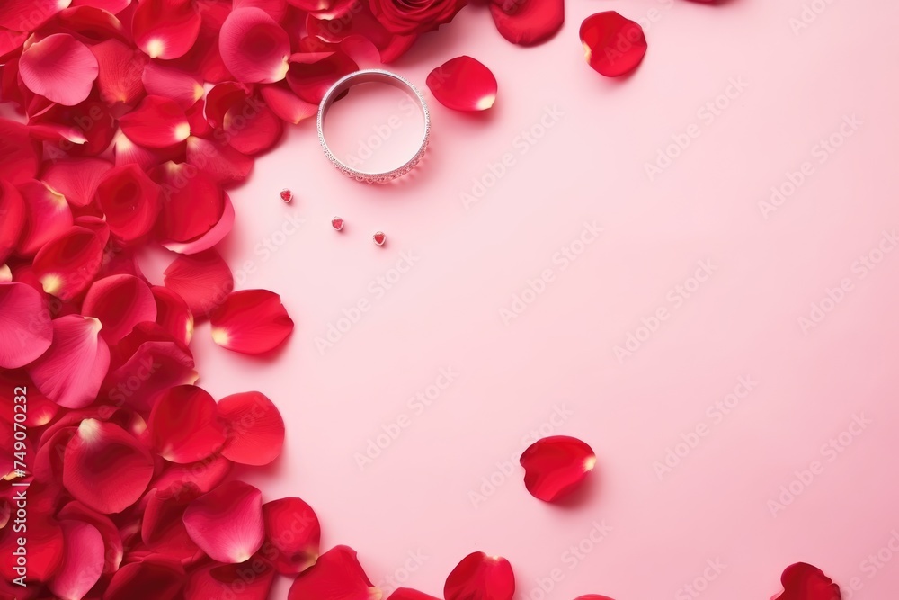 Romantic Rose Petals and Jewelry Box. A flat lay of vibrant red rose petals surrounding a jewelry box with a diamond bracelet on a soft pink background.