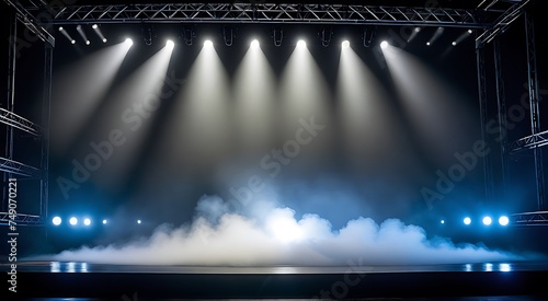 Stage lights beam down through smoke on an empty concert stage, ready for a performance.