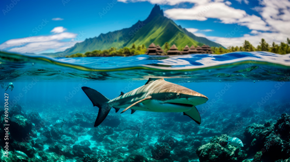 Encounters in Paradise: Diving into Bora Bora's Turquoise Waters with Sharks. - obrazy, fototapety, plakaty 