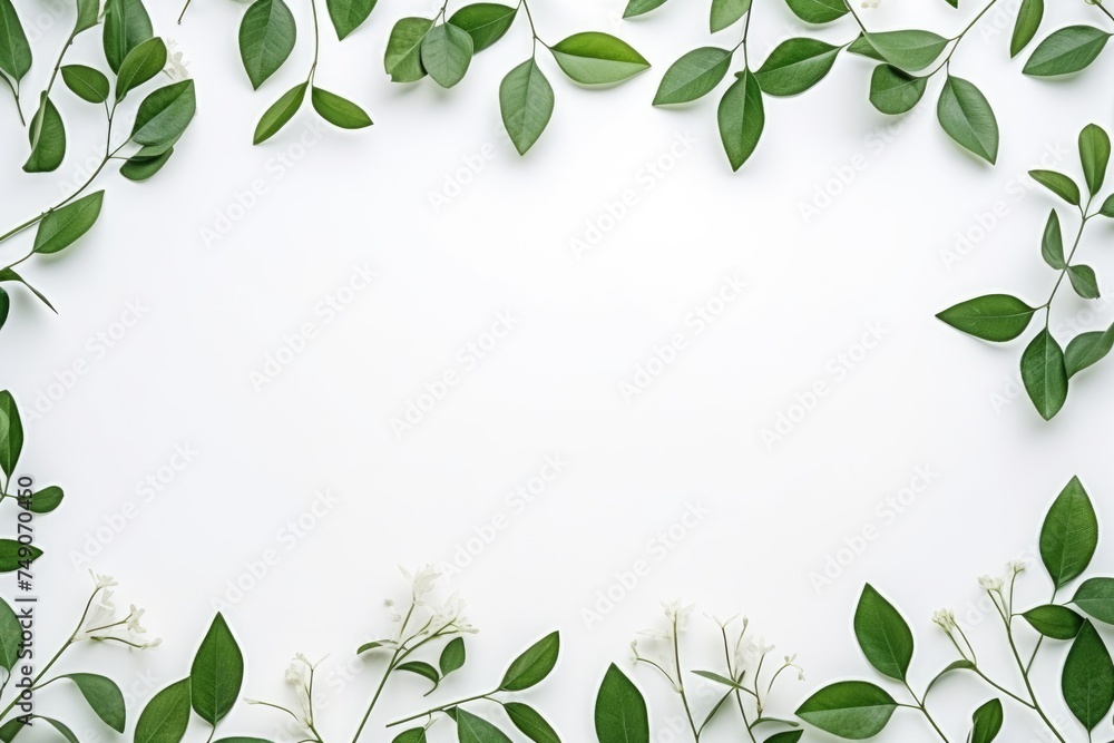 Lush green leaves and delicate white flowers create a beautiful natural border on a clean white background, perfect for spring themes. Natural Border of White Flowers and Green Leaves