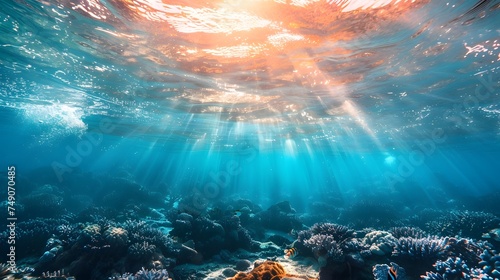 Tranquil sea water surface on a sunny day, Underwater sea in sunlight, tropical blue ocean underwater background photo