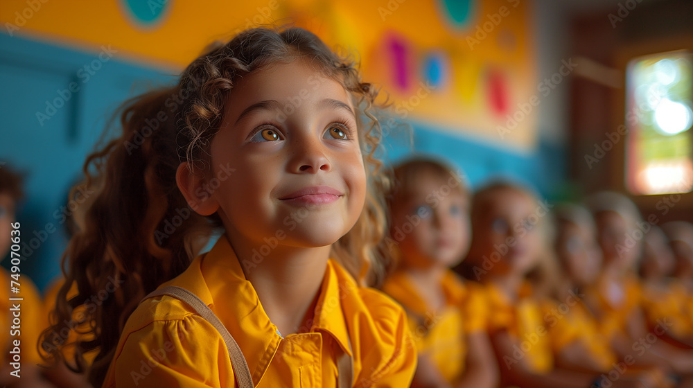 Little scholars, wearing uniforms, sit in circle, eagerly absorbing lessons from their teacher Little scholars, wearing uniforms, sit in circle, eagerly absorbing lessons from their teacher