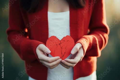 Holding a Broken Heart - Concept of Lost Love. Close-up of hands tenderly holding a cracked red heart, symbolizing heartbreak or lost love. photo