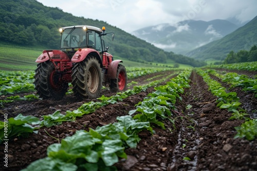 A red tractor is seen cultivating land with lush green crops against a backdrop of hazy mountains, emphasizing the agricultural process