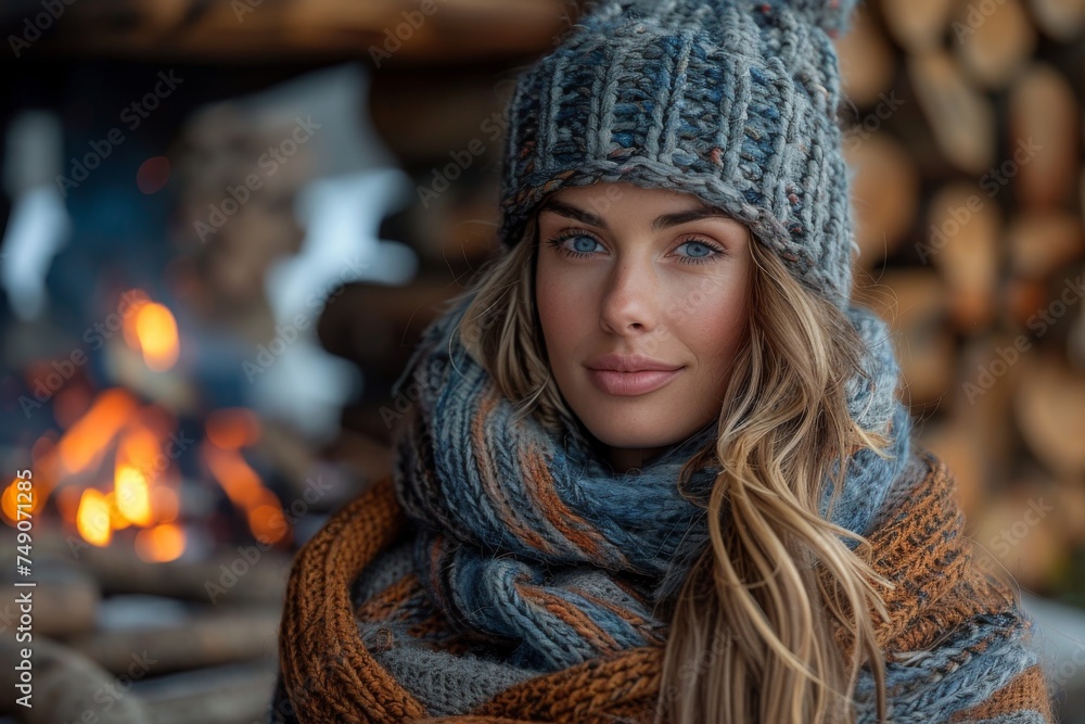 A woman with blue eyes and wearing a knit hat and scarf poses in front of a warm fireplace A woman with blue eyes and wearing a knit hat and scarf poses in front of a warm fireplace
