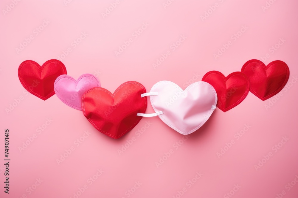 Love and Health Concept with Heart Balloons. A line of red and pink heart-shaped balloons made from surgical mask material on a pink background.