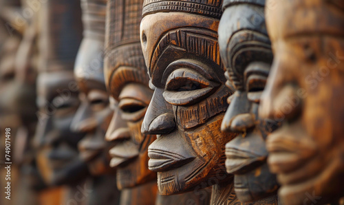 Traditional African Wooden Masks Displayed in a Row © Marianne
