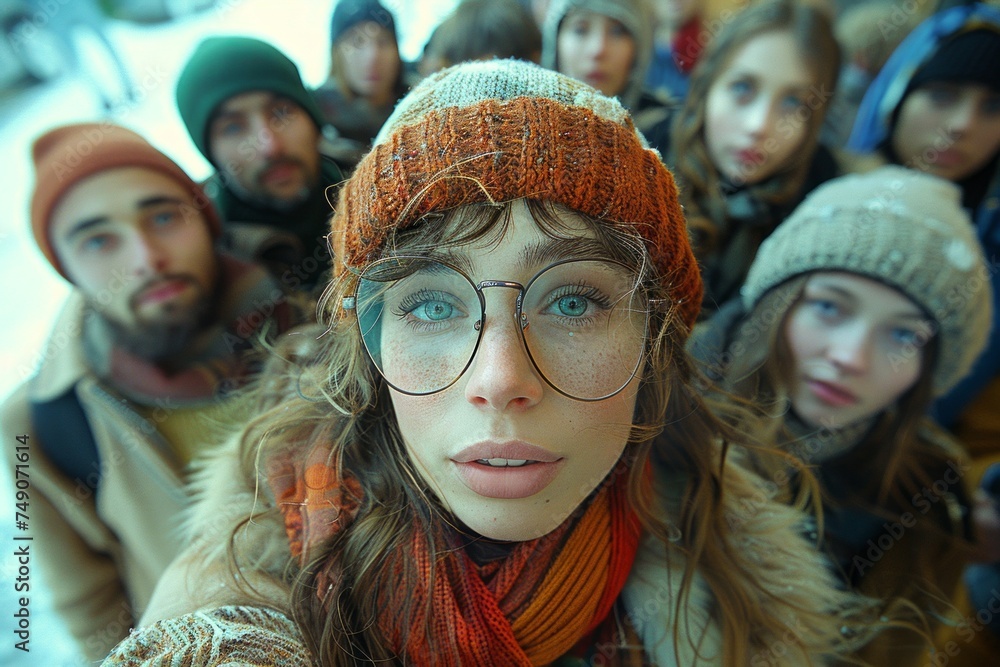 A close-up of a young adult with glasses in the forefront, surrounded by a group of friends in winter attire, suggesting a holiday season or social gathering with a warm, cozy vibe. A close-up of a young adult with glasses in the forefront, surrounded by a group of friends in winter attire, suggesting a holiday season or social gathering with a warm, cozy vibe.