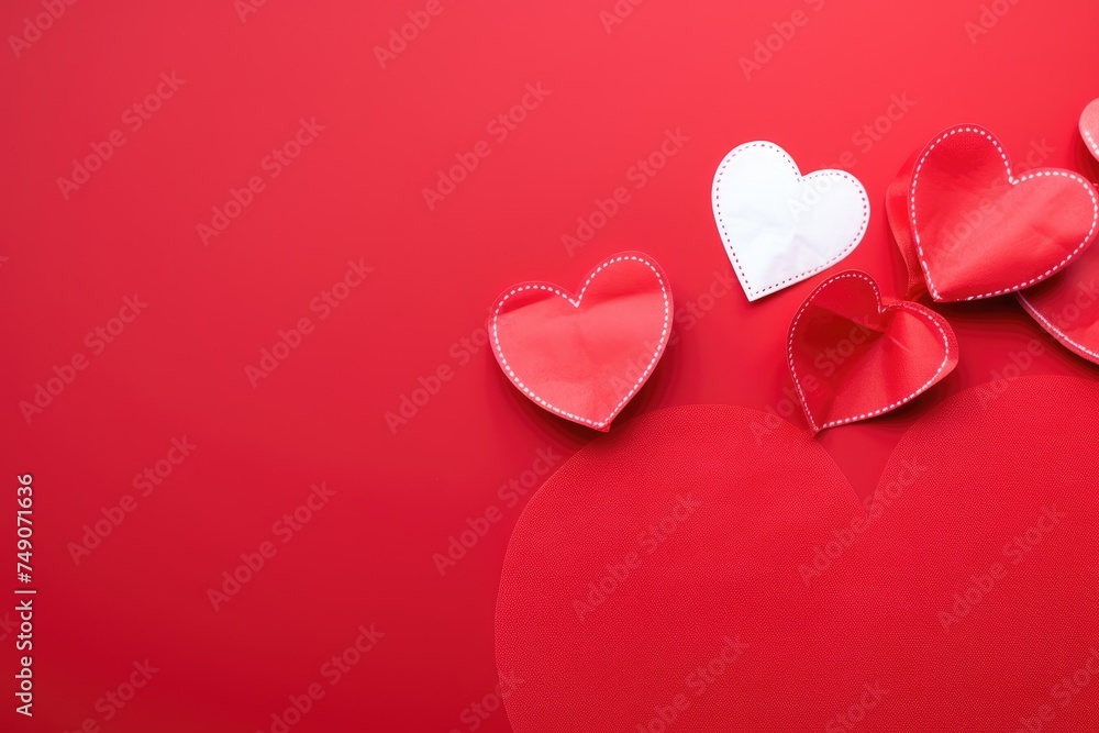 Valentine's Hearts and Gifts on Red Backdrop. Assorted heart shapes and presents on a vibrant red background.