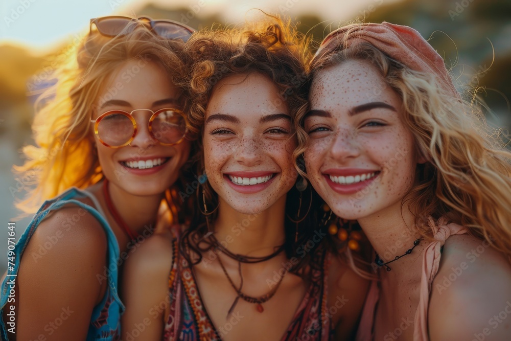 Vibrant group portrait of three smiling young women enjoying a sunset gathering, reflecting joy, friendship, and the exuberance of youth in a carefree moment Vibrant group portrait of three smiling young women enjoying a sunset gathering, reflecting joy, friendship, and the exuberance of youth in a carefree moment