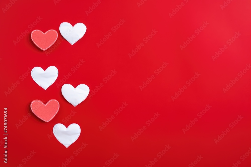 A sequence of red and white hearts on a bold red background. Red Hearts Ascending on Vibrant Background