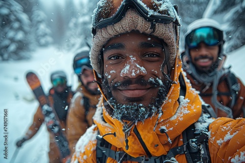 Group of friends with snowboards taking a selfie in the snowy mountains, conveying adventure and comradeship, ideal for winter holiday concepts.