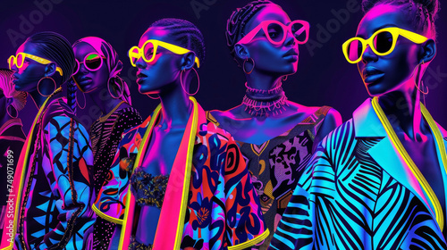 Bright neon lights illuminate a group of trendsetters sporting mismatched patterns bold graphics and statement accessories. photo