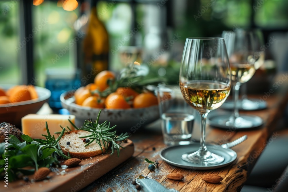 A sophisticated setting with wine glasses, fresh ingredients, and classy tableware A sophisticated setting with wine glasses, fresh ingredients, and classy tableware