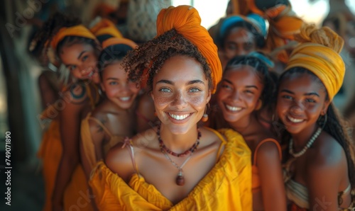 A joyful group of women dressed in vibrant yellow and orange traditional clothing smiling together, capturing a sense of community, perfect for celebrating cultural events or Women's Day.