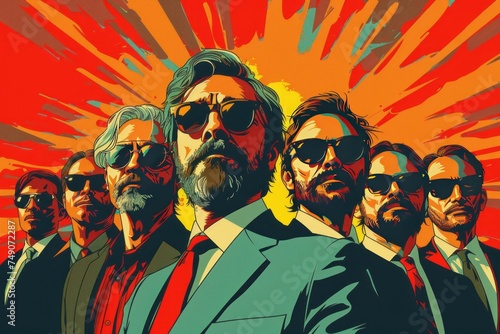 A stylized image of multiple identical men in sunglasses and suits against a dynamic red and orange explosion-like background, conveying a cool and intense atmosphere.