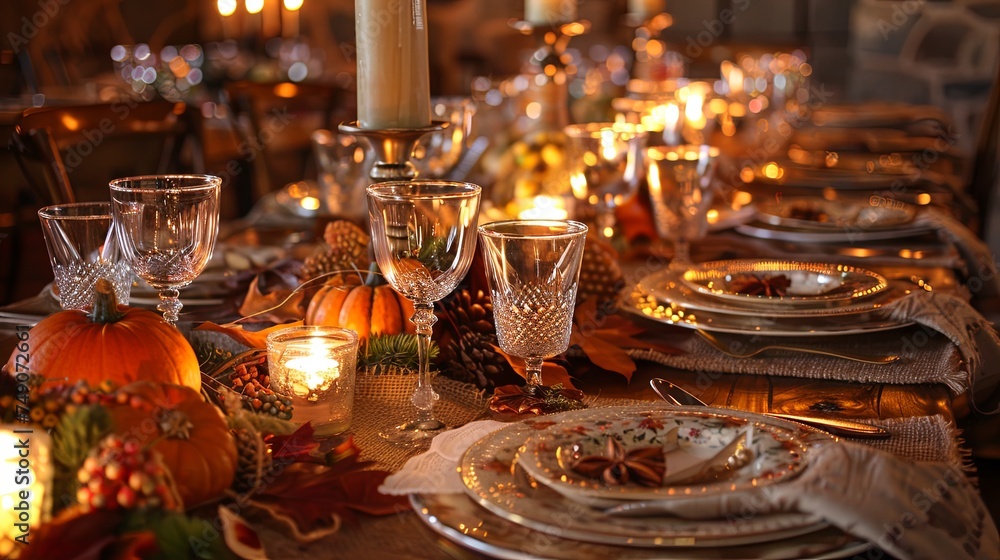 Rustic Thanksgiving dinner table set for eight