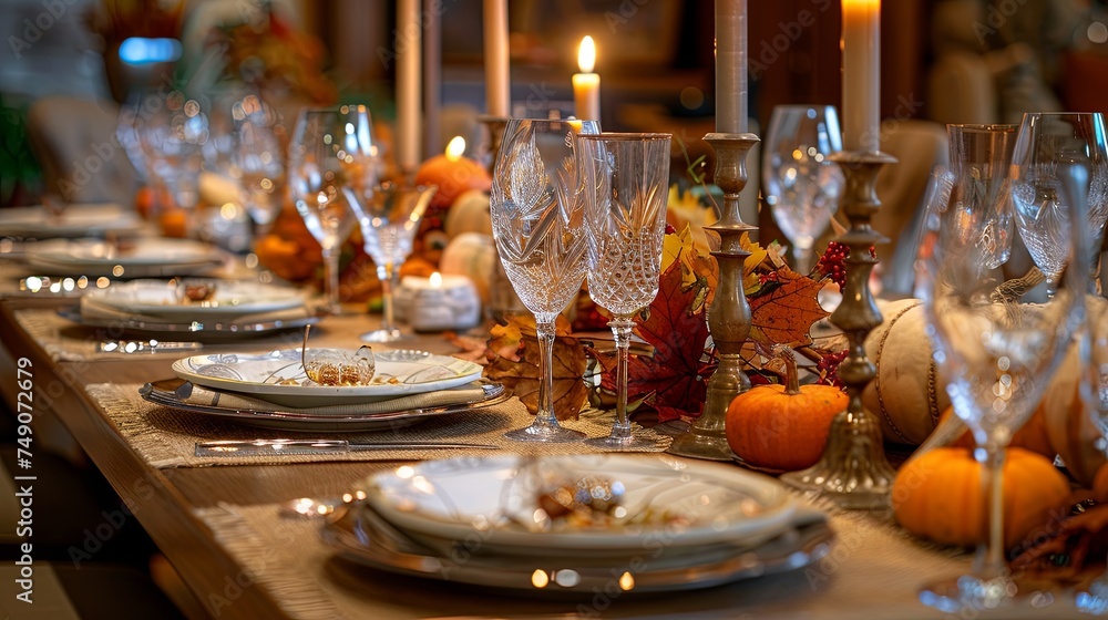 Rustic Thanksgiving dinner table set for eight