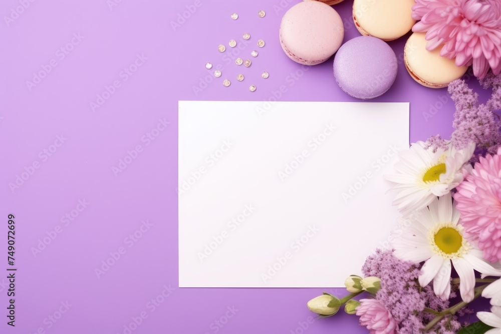 Elegant stationery mockup card surrounded by a floral arrangement, macarons, and pearls on a purple backdrop. Flat Lay with Floral Arrangement and Mockup Card