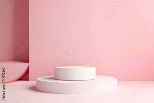 Dual level white podium against a minimalist pink backdrop designed for product presentation and display. Dual Level Podium on Minimalist Pink Background