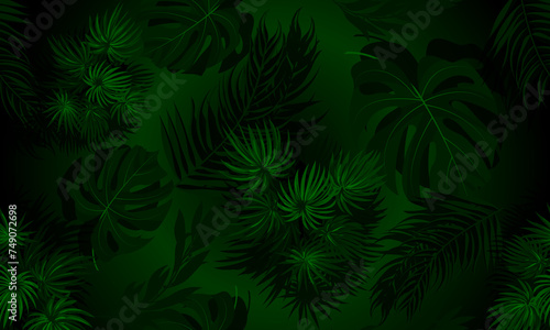 Hawaiian seamless pattern with tropical plants in realistic style. Foliage design. Vector botanical illustration on a black background. dark green nature.
