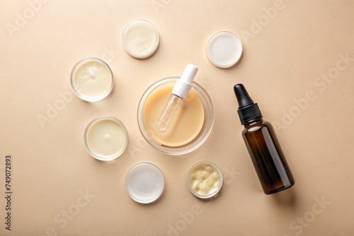 Bottle of Cosmetic Serum and Petri Dishes with Samples: Perfect for Beauty Products, Skincare, and Laboratory Concepts.