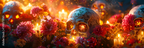 Colorful skull day of the dead altar background 