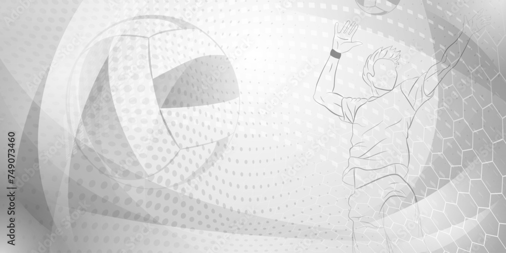 Volleyball themed background in gray tones with abstract meshes, curves and dotted lines, with a male volleyball player hitting the ball