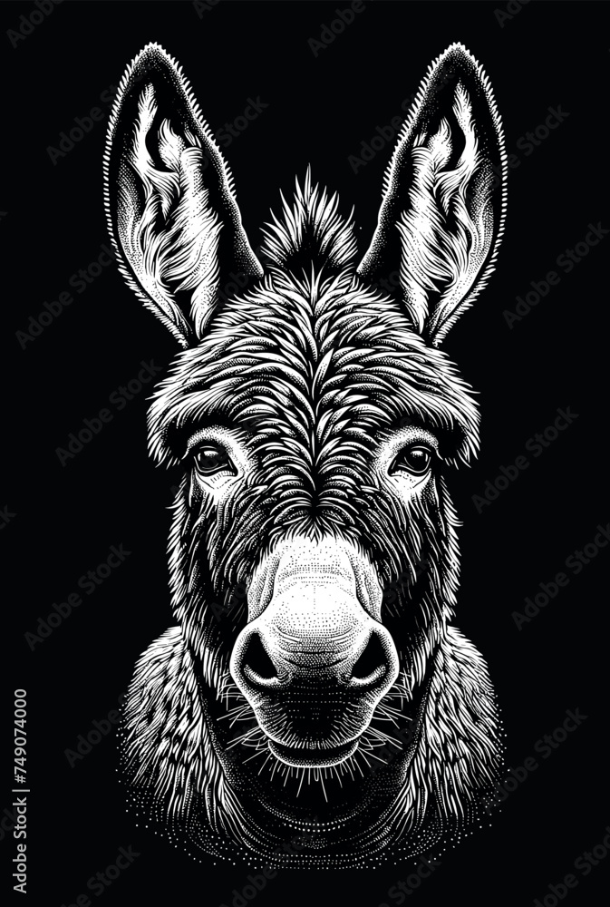 Detailed Dotwork Illustration of a Donkey on Black Background