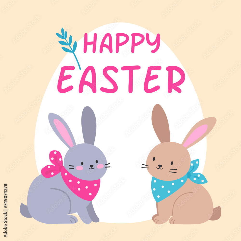 Two cute rabbits. Happy easter. Vector illustration in flat style Two cute rabbits. Happy easter. Vector illustration in flat style