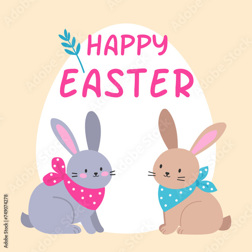 Two cute rabbits. Happy easter. Vector illustration in flat style