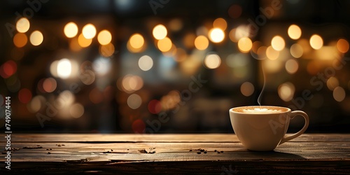 a cup of coffee on a wooden table with a cafe background, banner, background