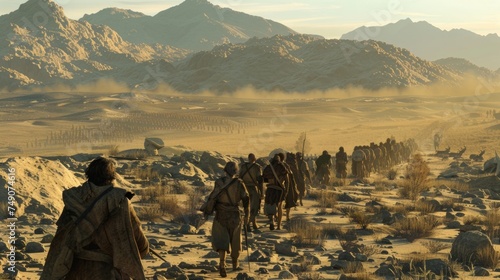 A formation of Akkadian soldiers march through a barren landscape their determination unwavering despite the harsh conditions.
