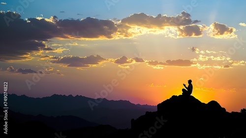 Individual Praying on Mountain at Sunset, Symbolizing Hope and Peace © NoLimitStudio