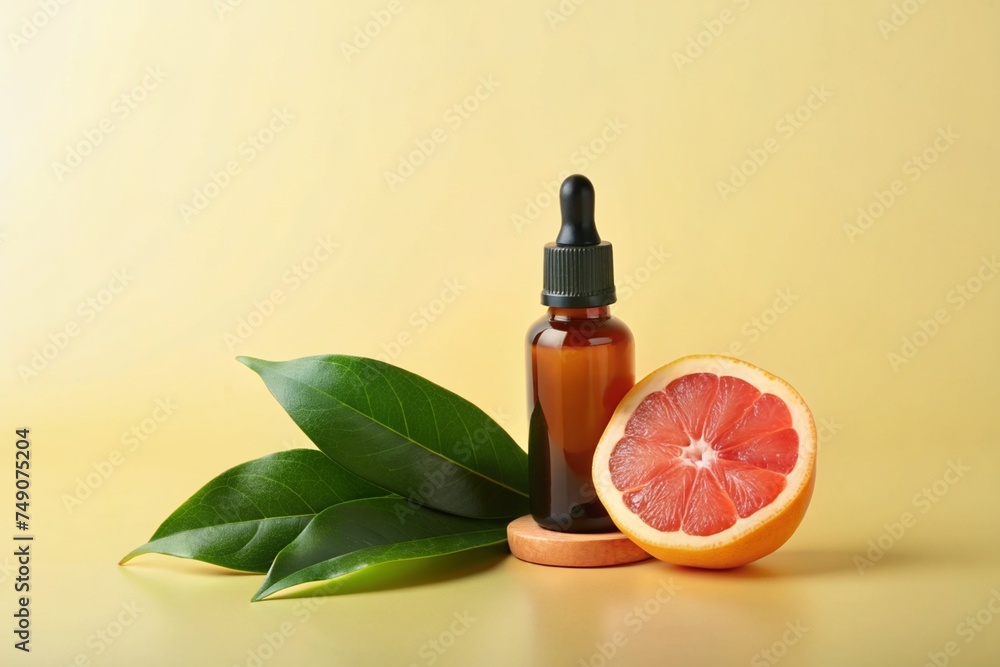 Bottle with Grapefruit Essential Oil, Leaf, and Pie: Ideal for Aromatherapy, Natural Beauty Products, and Culinary Concepts. Bottle with Grapefruit Essential Oil, Leaf, and Pie: Ideal for Aromatherapy, Natural Beauty Products, and Culinary Concepts.