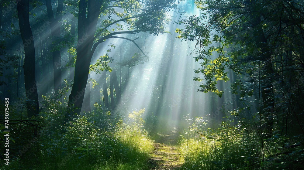 Forest scene with sunlight rays, path of faith and tranquility highlighted Forest scene with sunlight rays, path of faith and tranquility highlighted