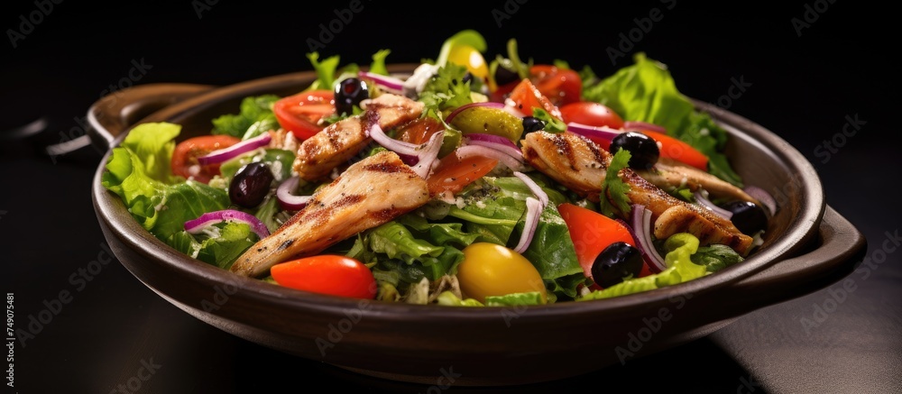 This salad features a delightful mix of tender chicken, ripe cherry tomatoes, crisp lettuce leaves, tangy olives, and flavorful onion slices, creating a nutritious and satisfying meal.