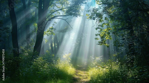 Forest scene with sunlight rays, path of faith and tranquility highlighted photo