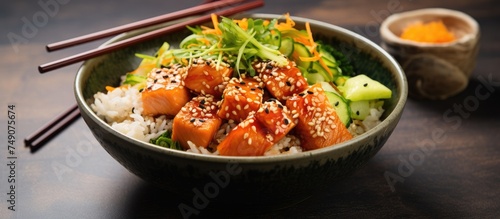 A bowl filled with salmon poke, rice, cabbage, cucumber, sesame seeds, and spring rolls sits on a table. Chopsticks are placed next to the bowl.