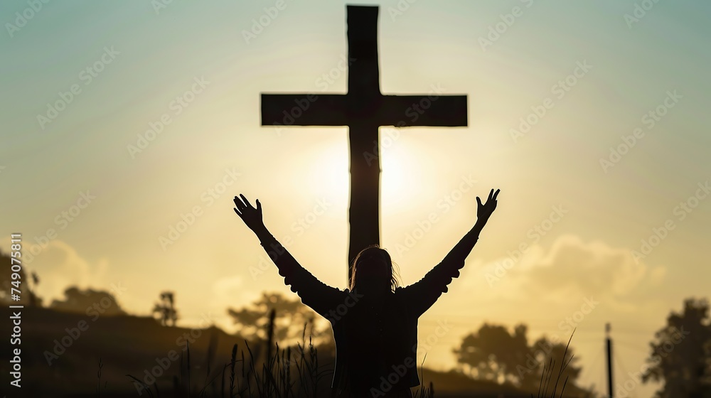 Christian worshipper silhouette, hands raised before cross, devotion and peace