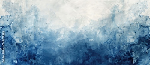 A painting featuring a blue watercolor texture resembling smoke or mist on a white background. The design includes a dark blue border and a light blue center creating an elegant, vintage look. © Emin