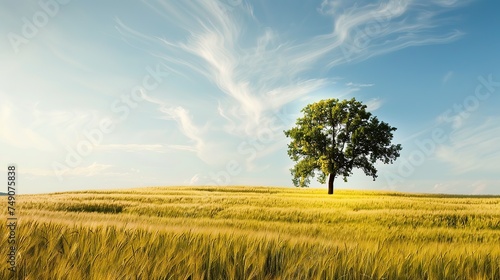 Lone tree in peaceful field, symbolizing strength, growth, and faith