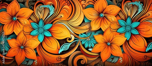 This painting features a striking combination of orange and blue flowers set against a rich brown background. The floral design is intricate and vibrant  with retro-style elements blending seamlessly