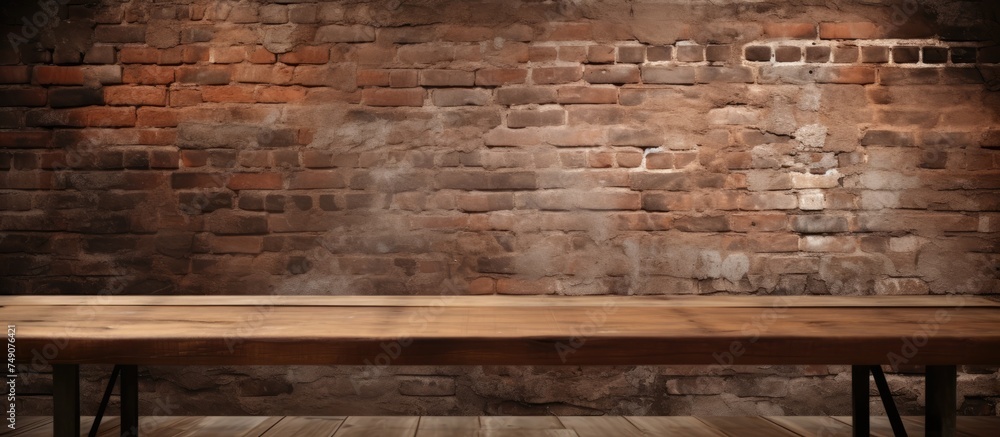 An empty wooden table is positioned in front of a weathered brick wall, creating a rustic backdrop for display or product photography. The natural textures of the wood and brick add warmth and