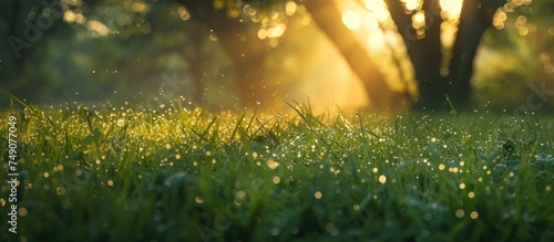 The suns rays filter through the dense leaves of the trees, casting shadows on the lush green grass below. The morning dew glistens as the sun rises higher in the sky.